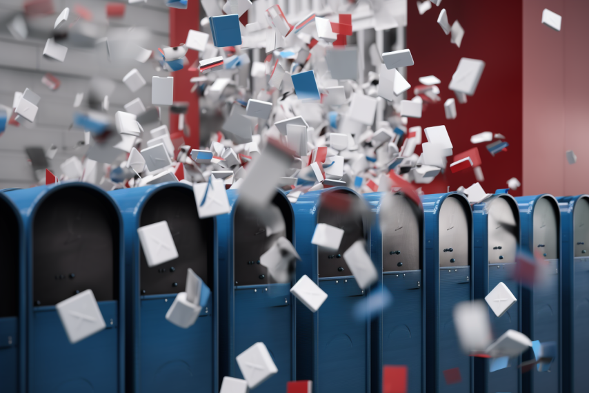 A bustling business street with a backdrop of a building's mail area, where mailboxes are overflowing with letters and parcels in red, white, and blue, symbolizing the busy and reliable nature of a reputable business address