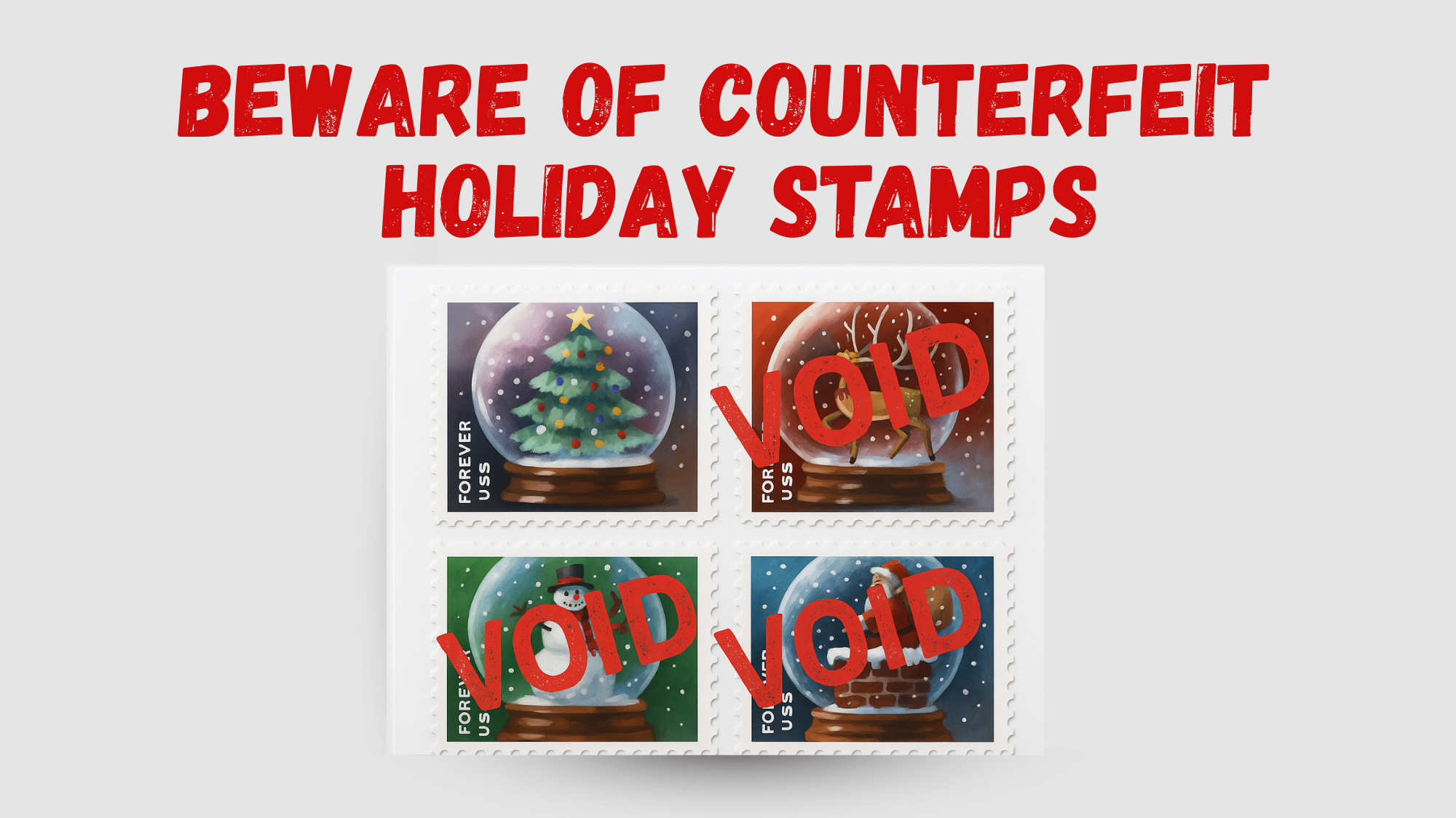 Digital mockup of fake Christmas Forever stamps marked with a large red VOID symbol — illustrating the risks of counterfeit postage during the holidays.