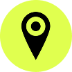 Black location pin icon on bright yellow-green circular background