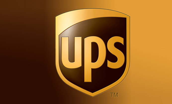 UPS logo in gold and brown shield design on gradient background