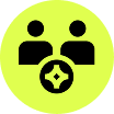 Yellow circular icon with two black figures and a plus symbol representing customer service