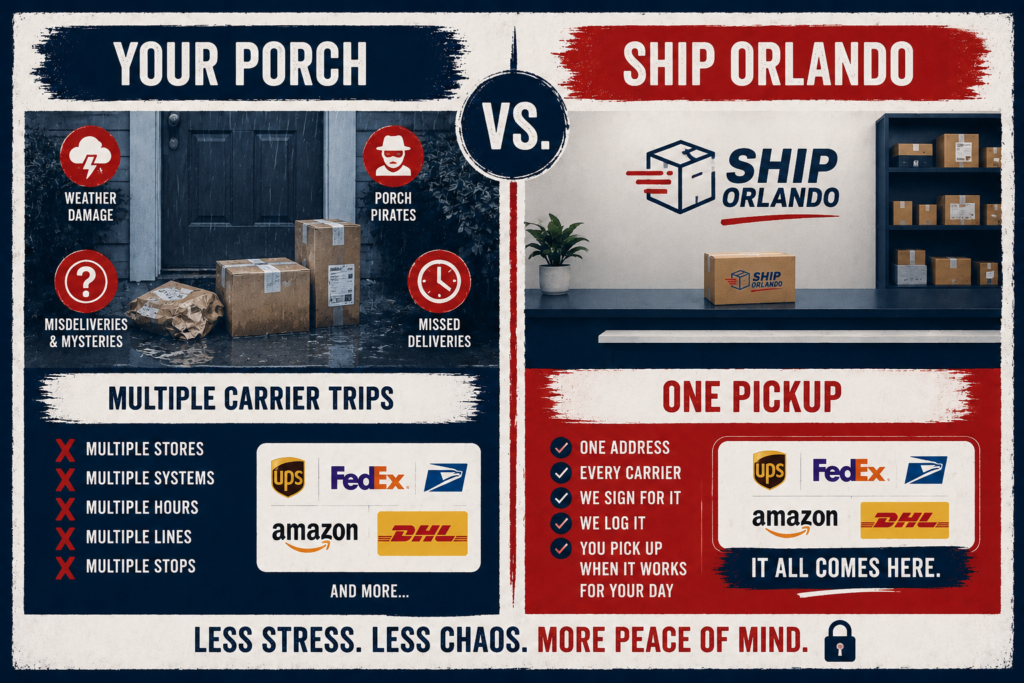 Ship Orlando package receiving comparison showing secure indoor package storage versus home porch delivery risks including package theft, weather damage, misdeliveries, and multiple carrier pickup trips.