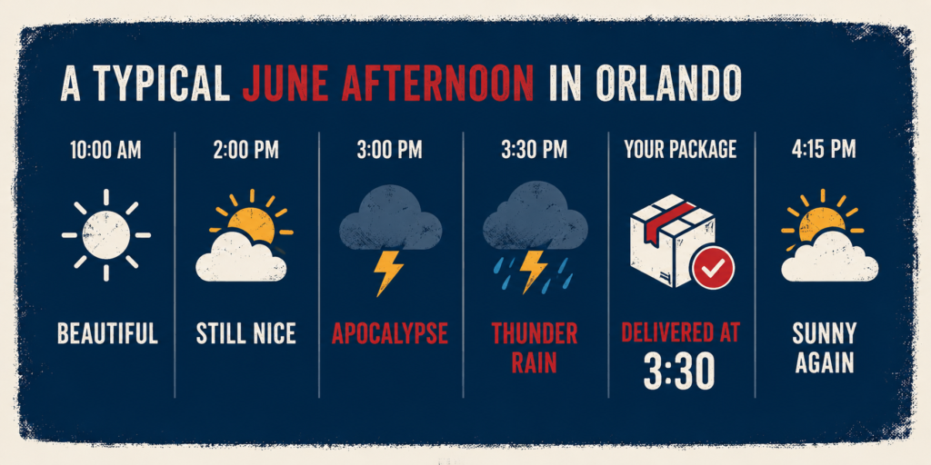 Orlando summer weather infographic showing a package delivered during a Florida thunderstorm, highlighting the risks of leaving deliveries on a porch during hurricane season and summer rain.