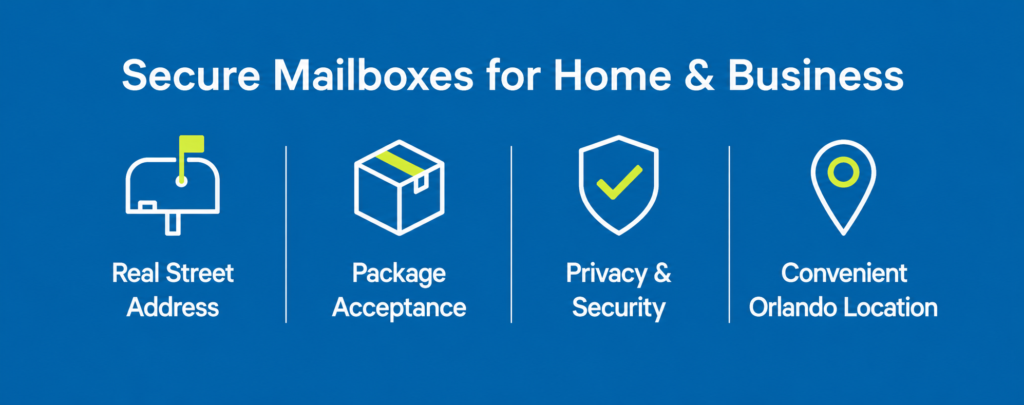 Illustration highlighting Ship Orlando's secure mailbox services, including a real street address, package acceptance, privacy and security, and a convenient Orlando location.