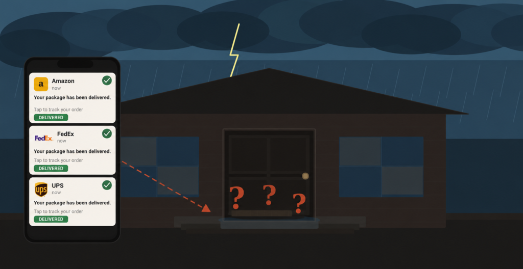 Illustration showing Amazon, FedEx, and UPS delivery notifications marked delivered while a package is missing from an Orlando home's front porch during a storm.