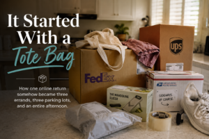 Kitchen counter filled with online shopping returns including FedEx, UPS, and USPS packages, clothing, shoes, and return labels representing the return pile many Orlando shoppers experience.
