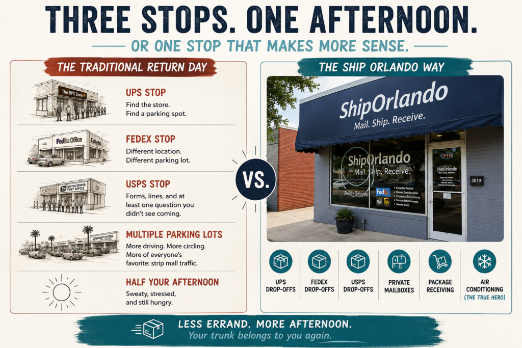 Comparison graphic showing multiple carrier drop-off locations versus Ship Orlando's one-stop solution for FedEx, UPS, and USPS returns in College Park Orlando.