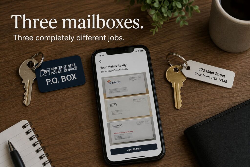 Comparative top-down photo of key chains for a P.O. Box and a physical street address flanking a smartphone displaying a virtual mailbox app with scanned mail, illustrating different business address solutions.