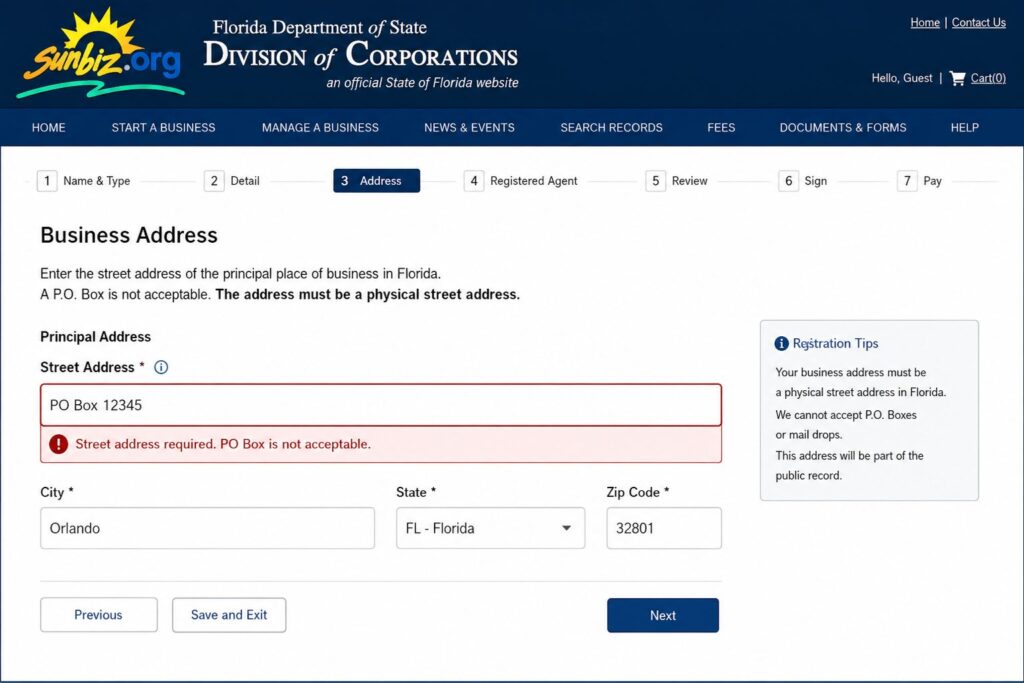 Screenshot of Florida Sunbiz business registration form showing an error message: 'Street address required. PO Box is not acceptable' when attempting to use a P.O. Box.