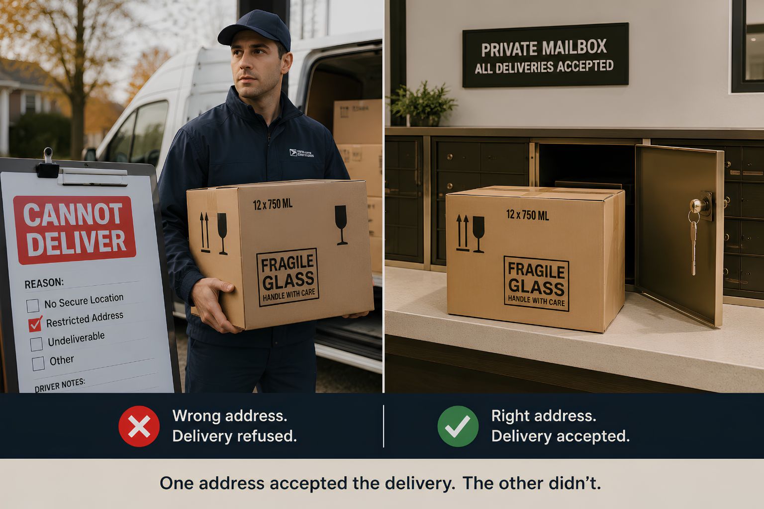 Side-by-side comparison. Left shows a delivery driver with a 'Restricted Address' notice. Right shows a physical mailbox where the delivery was accepted, highlighting the benefits of private mailbox services for accepting packages.