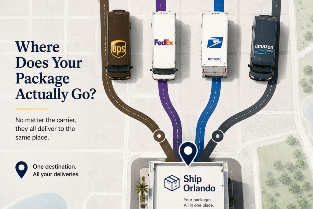 Aerial view infographic showing four delivery trucks (UPS, FedEx, USPS, Amazon Prime) on colored lanes converging at a single destination building, illustrating a comprehensive package receiving service.
