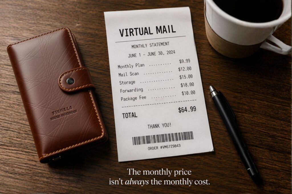 A receipt titled 'Virtual Mail Monthly Statement' sitting on a wooden desk, showing extra charges for mail scanning, storage, forwarding, and package fees that increase the total monthly cost.