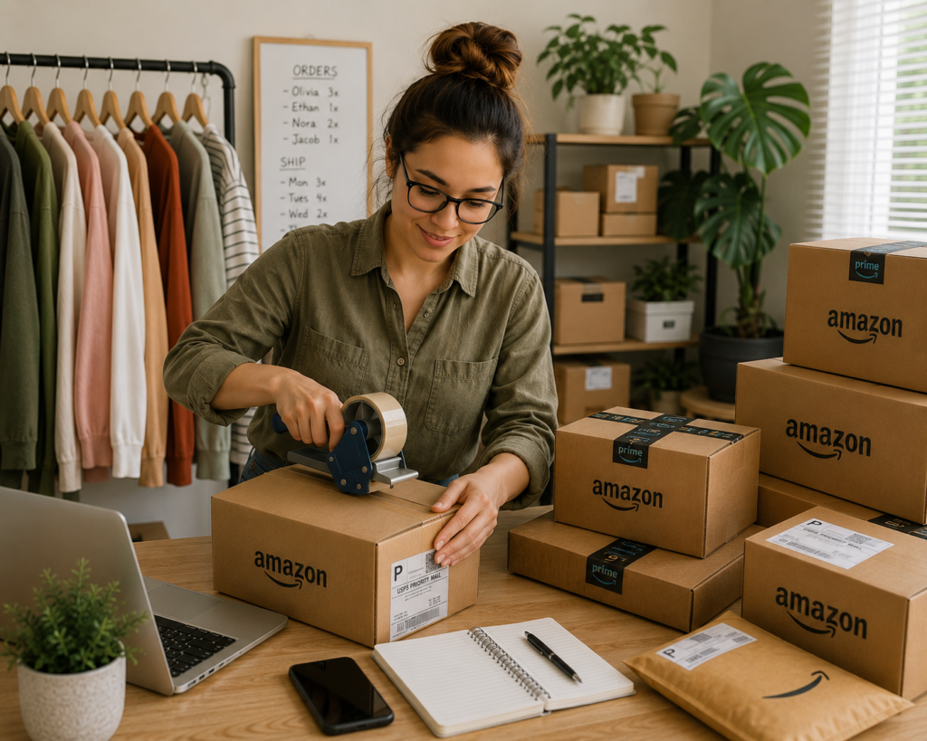 A small business owner using a tape gun to seal an Amazon package surrounded by shipping boxes, inventory, and order lists in a home studio workspace.