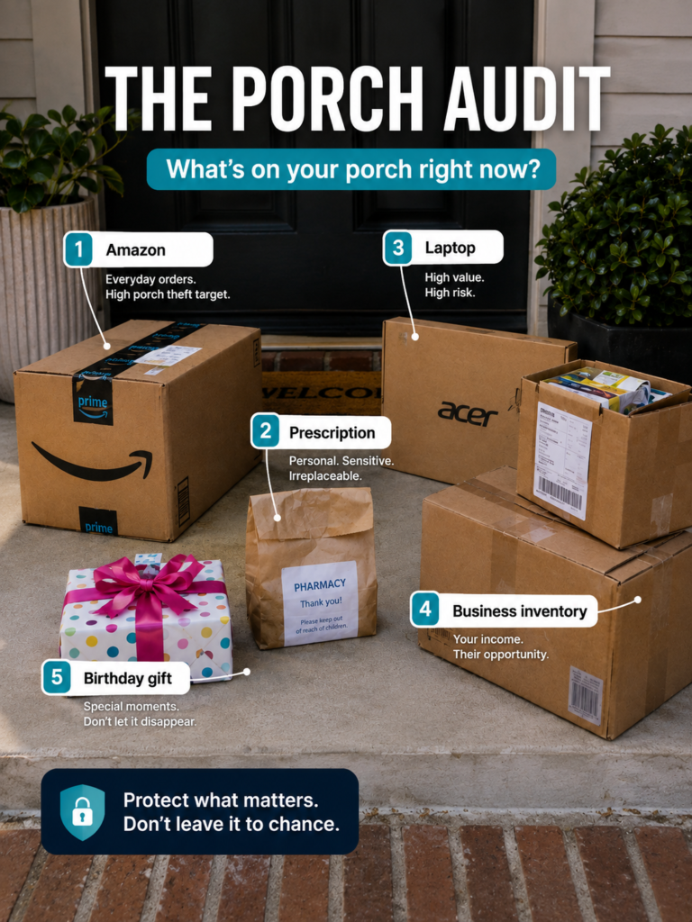Infographic by Ship Orlando titled "The Porch Audit" showing 5 types of packages sitting vulnerably on a front porch, including Amazon boxes, prescriptions, a laptop, business inventory, and a birthday gift.