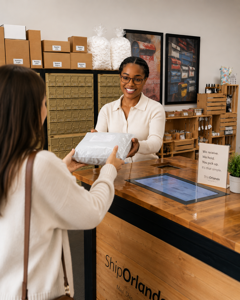 A smiling Ship Orlando employee wearing glasses and a cream polo shirt holding a mailer parcel inside a modern mail center with PO boxes in the background.