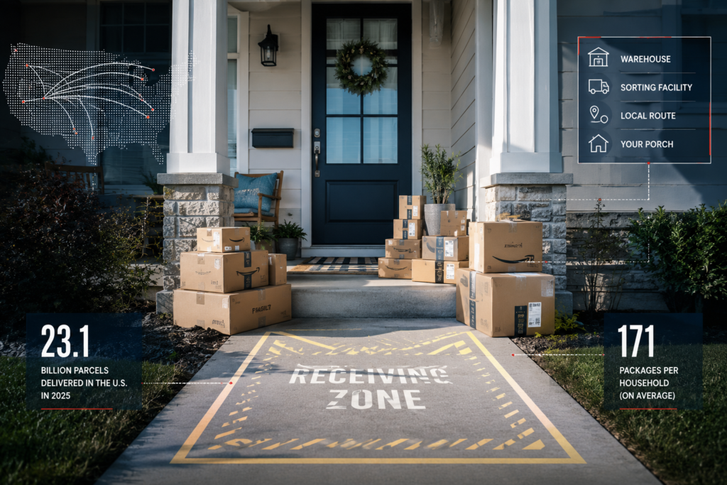 Modern American front porch with packages depicted as a residential package delivery and receiving zone