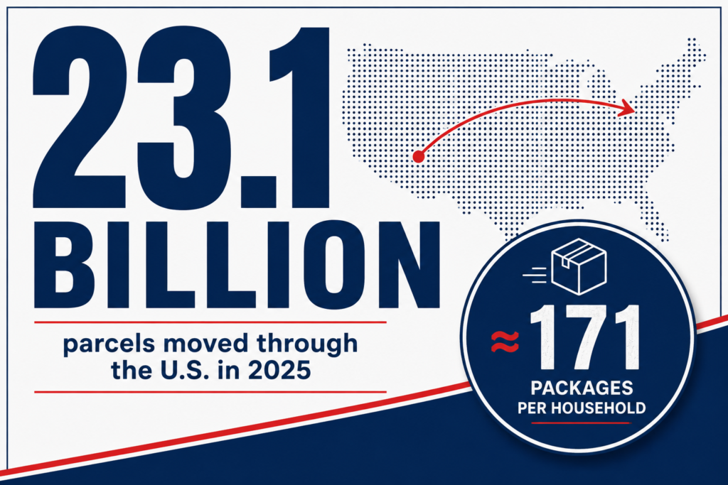U.S. parcel delivery graphic showing 23.1 billion parcels in 2025 and about 171 packages per household