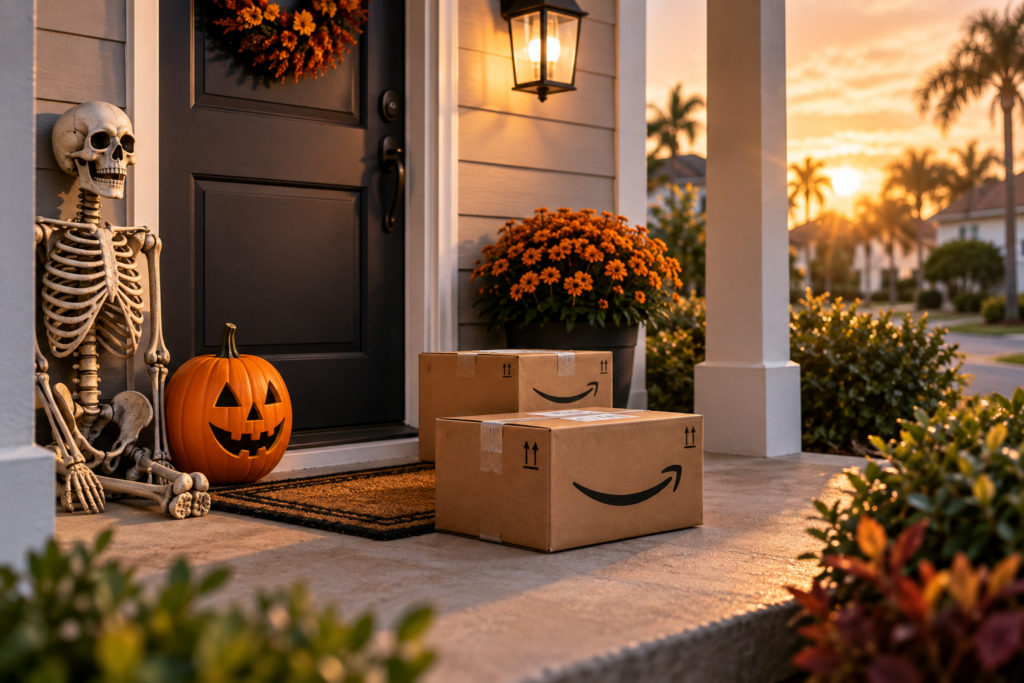 Modern American front porch at sunset with delivered packages, a Halloween skeleton, and a pumpkin, illustrating package delivery to an empty home in Orlando.